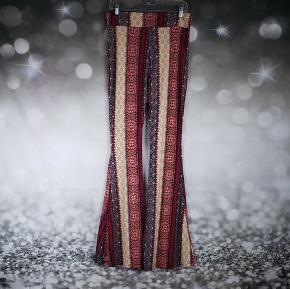 Boho Stripe Bell Bottoms Flare Pants Red Stretchy - Picture 4 of 5
